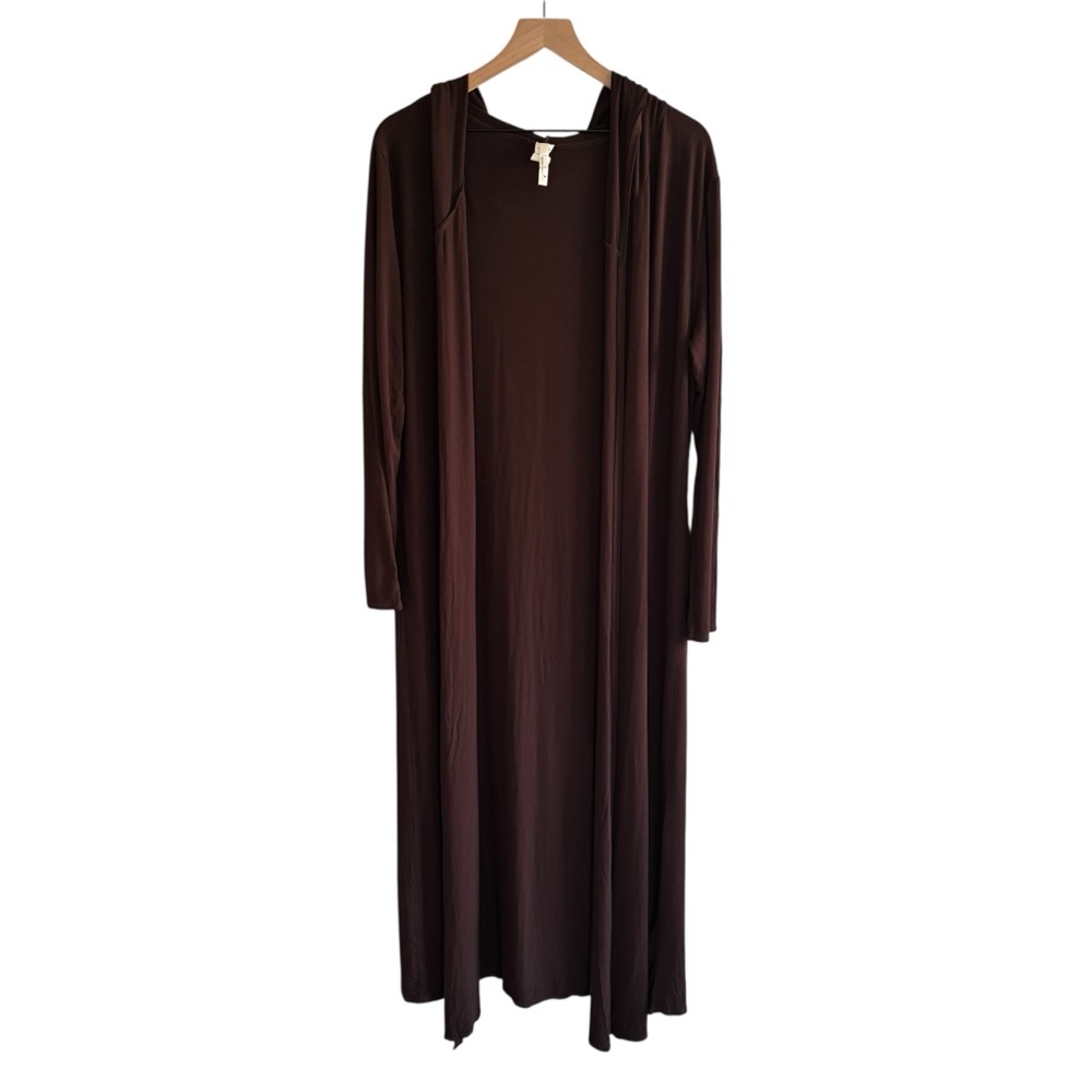 Isaac Liev Hooded Maxi Duster Cardigan XL Brown Open Front Long Sleeve Flowy